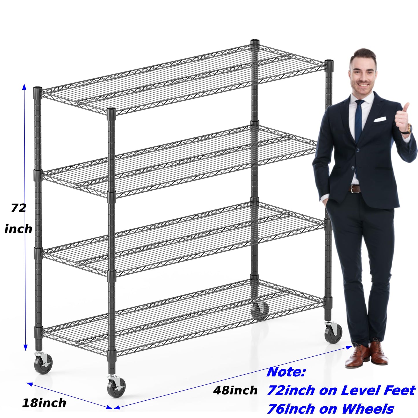 Homdox Heavy Duty Metal Shelves for Storage, 4 Tier Storage Racks and Shelving, Commercial Adjustable Wire Shelving Unit on Wheels, Garage Rack Pantry Shelves Kitchen Shelving, 18"x48"x72", Black