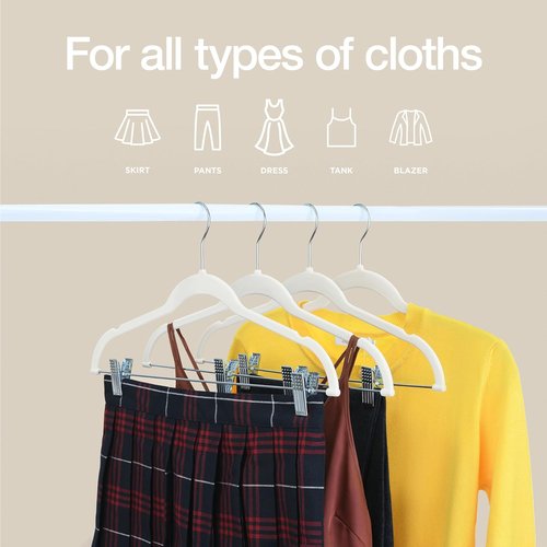 Home-it Velvet Hangers with Clips - Space-Saving No Slip Design for Pants, Skirts & Dresses - 10 Pack in Ivory