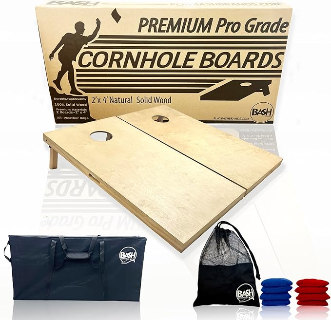 Regulation Solid Wood Cornhole Boards 2'x4' -Choose Between Commercial Grade No Bounce (Cherry Color, NO Bags) or Premium Grade (Natural and Includes 8 Cornhole Bags and Carrying Bag)