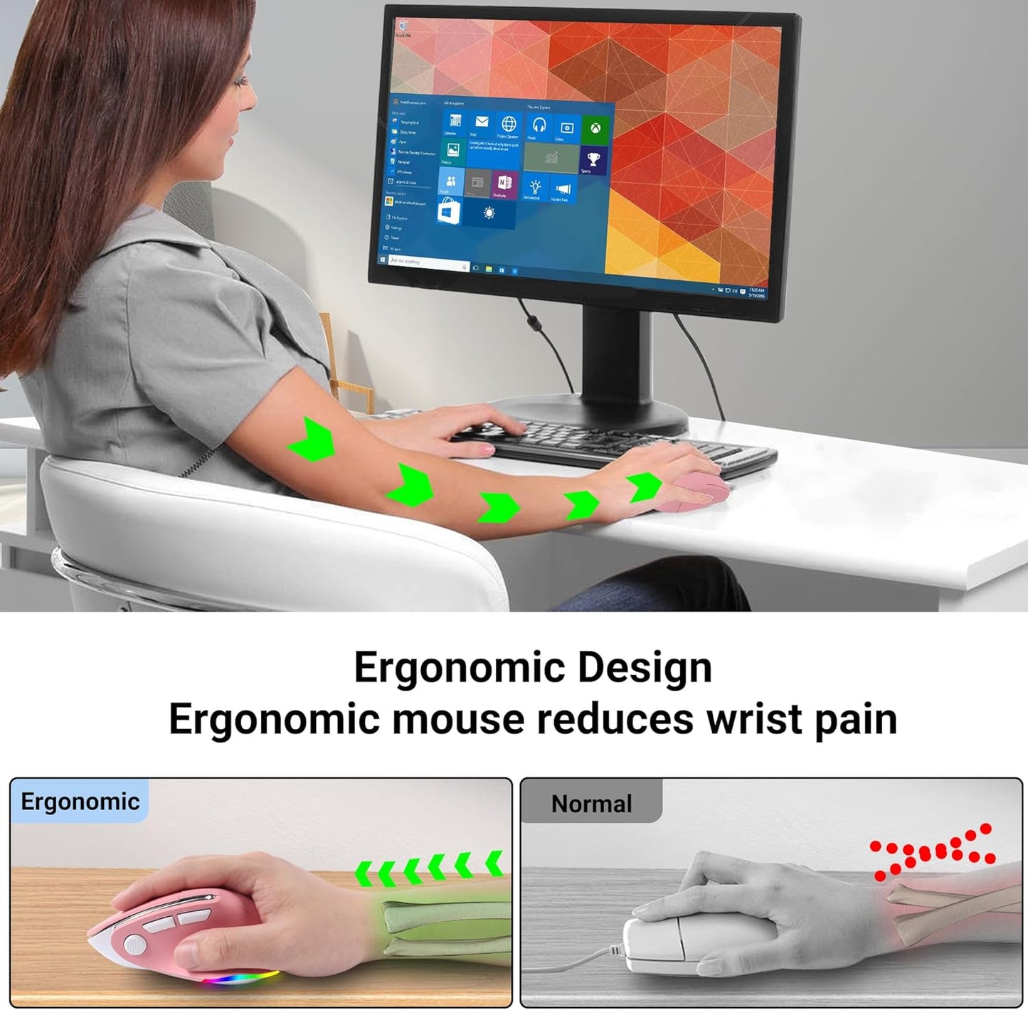 KUYHRF Portable(BT5.2 2.4GHz) Mode,1000/1600/2400 DPI,8 Ergonomic Mouse Jiggler,Bluetooth Vertical Wireless Mouse,LED