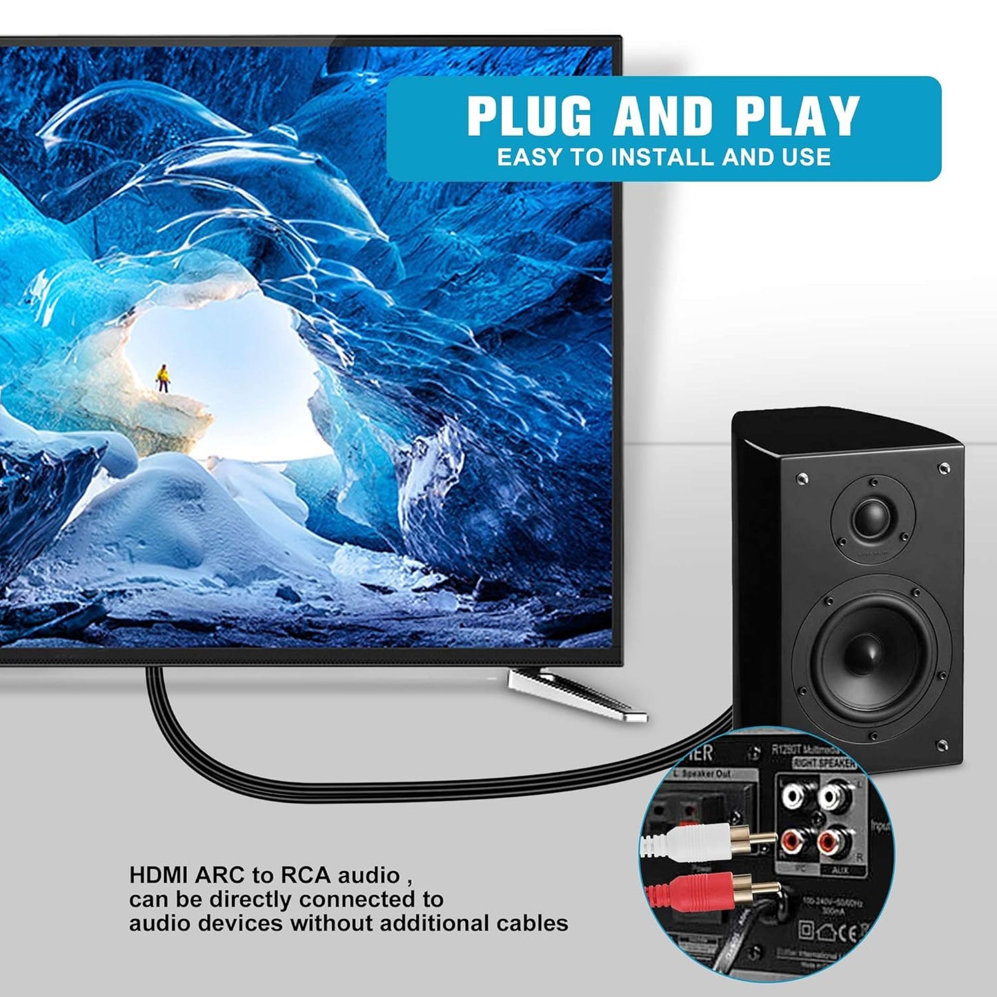 192KHz 3.4ft/1.05m [PCM HDMI ARC to RCA Audio Converter for TV to Soundbar, Plug & Play ARC to L/R Stereo RCA Male