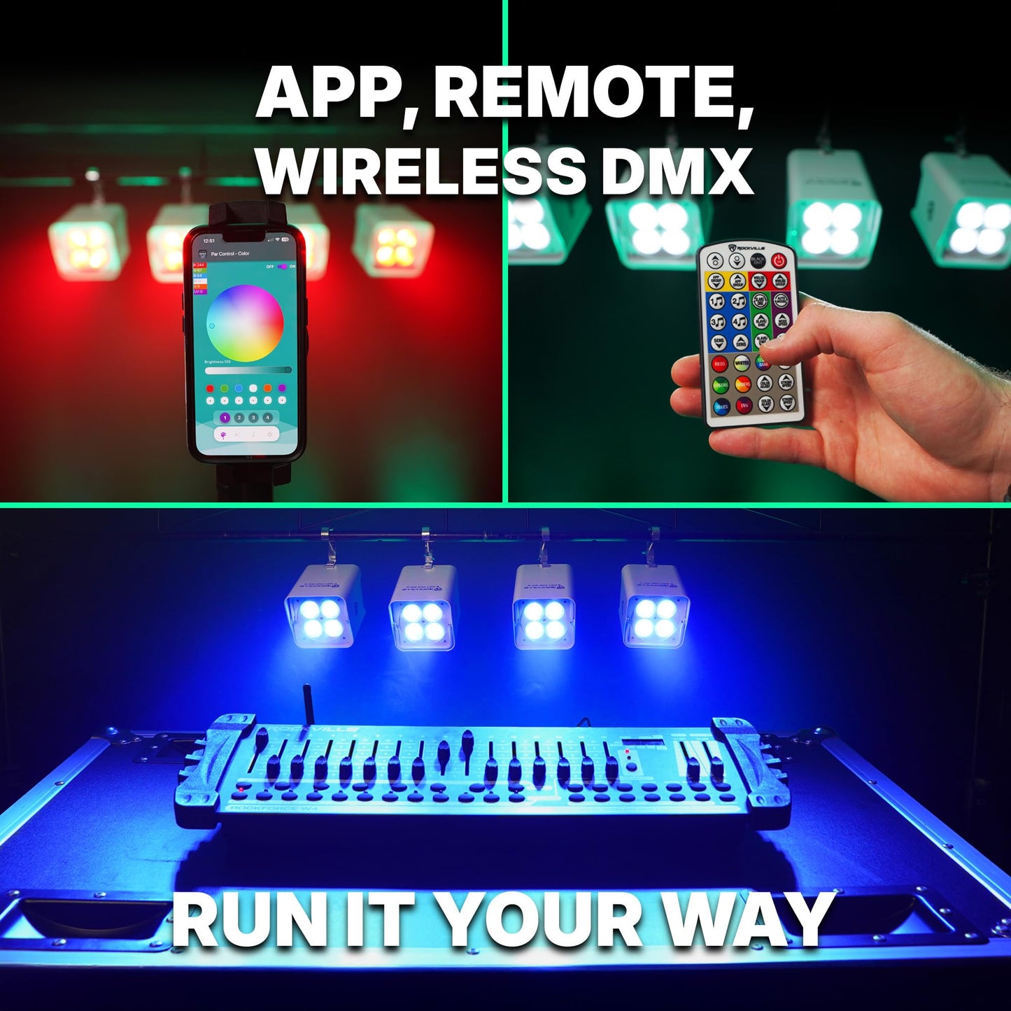 Rockville Wet PAR WC Package Black 18W RGBWA+UV Par Wash Lights, Wireless Charging Case, IP65 Water-Resistant, App-Controlled, for DJ Events and Venues (6 Lights)