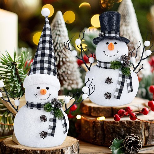MWDJPXY 2 Pack Black and White Christmas Decor, 14" Lighted Snowmen Tree Buffalo Check Plaid Farmhouse Decorations, Table Centerpieces Rustic Gifts Tiered Tray Decor with for Christmas Party