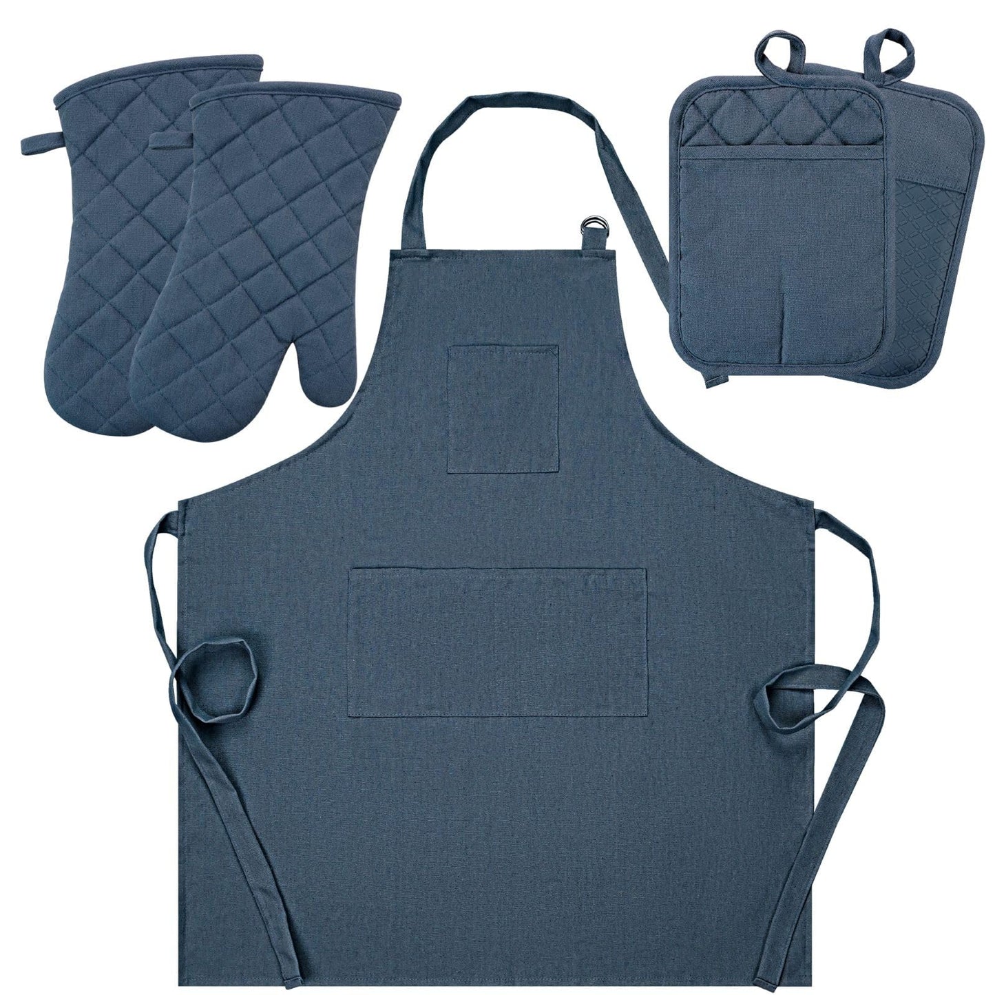 Oven Mitts and Pot Holders with Cooking Apron Set of 5, Heat Resistant Kitchen Gloves and Silicone Non-Slip Potholders, Adjustable Neck Buckle Chef Apron, Cotton Nice Design for Cooking （Navy…
