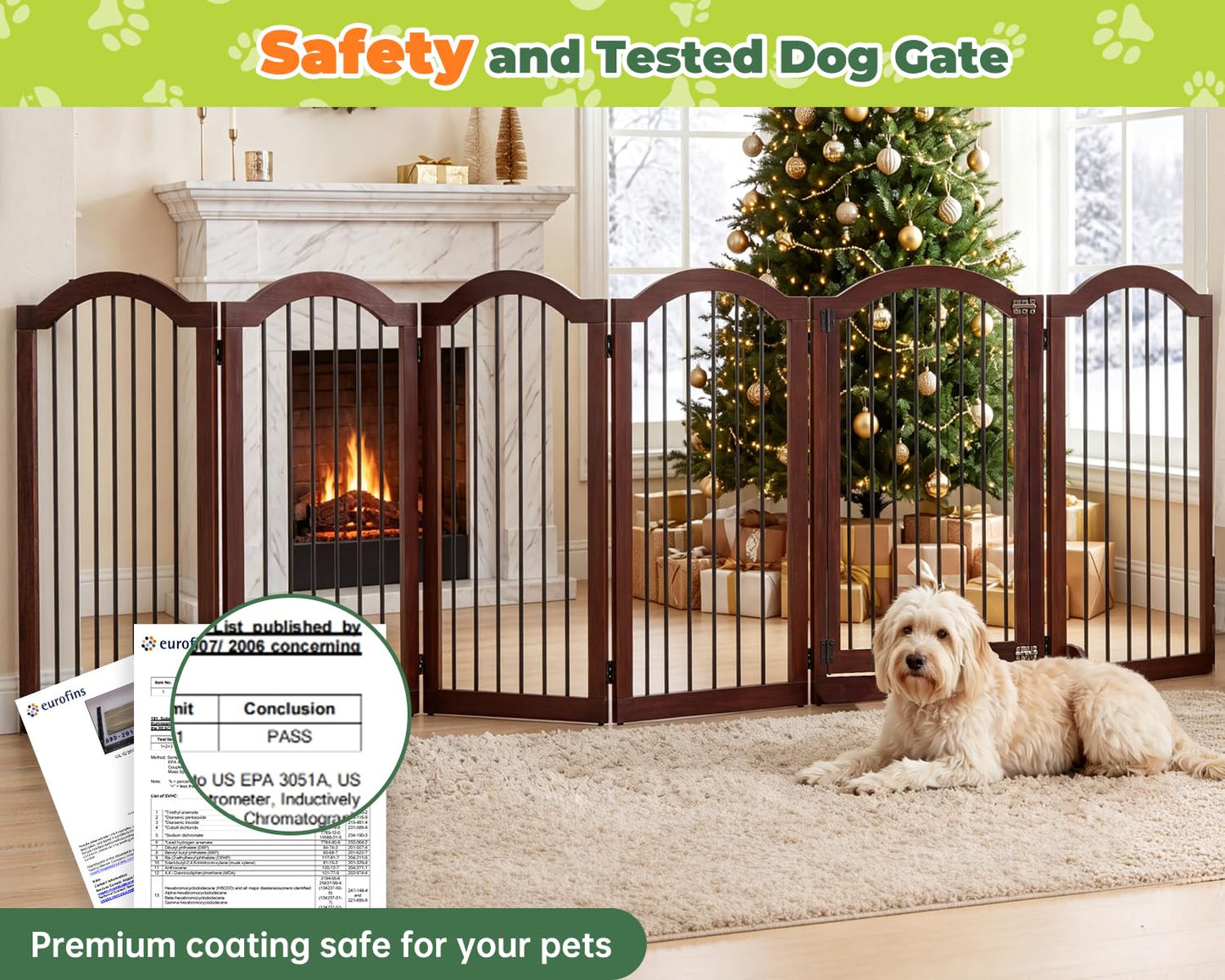 PrimeZone 144" Extra Wide Dog Gate - 36" Tall 6-Panel Solid Acacia Wooden Freestanding Puppy Gates with Door, Foldable Indoor Pet Fence for Doorways, Stairs, Support Feet Included, Brown