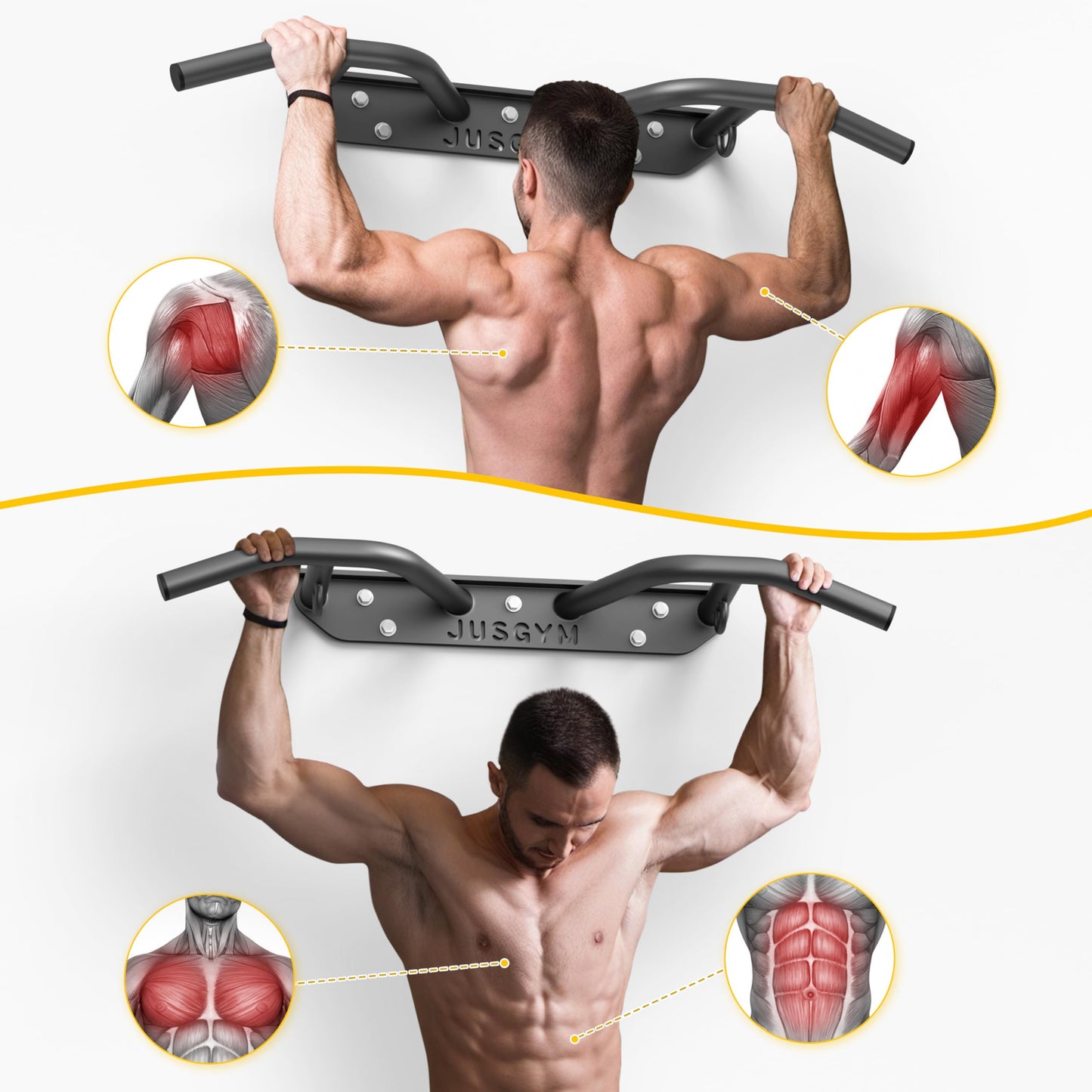 Jusgym Wall Mounted Pull Up Bar - Heavy Duty Chin Up Bar, Pull-Up Bar Support Beam or Joist Mounted, Multifunctional Fitness Bar, 600LBs Capacity