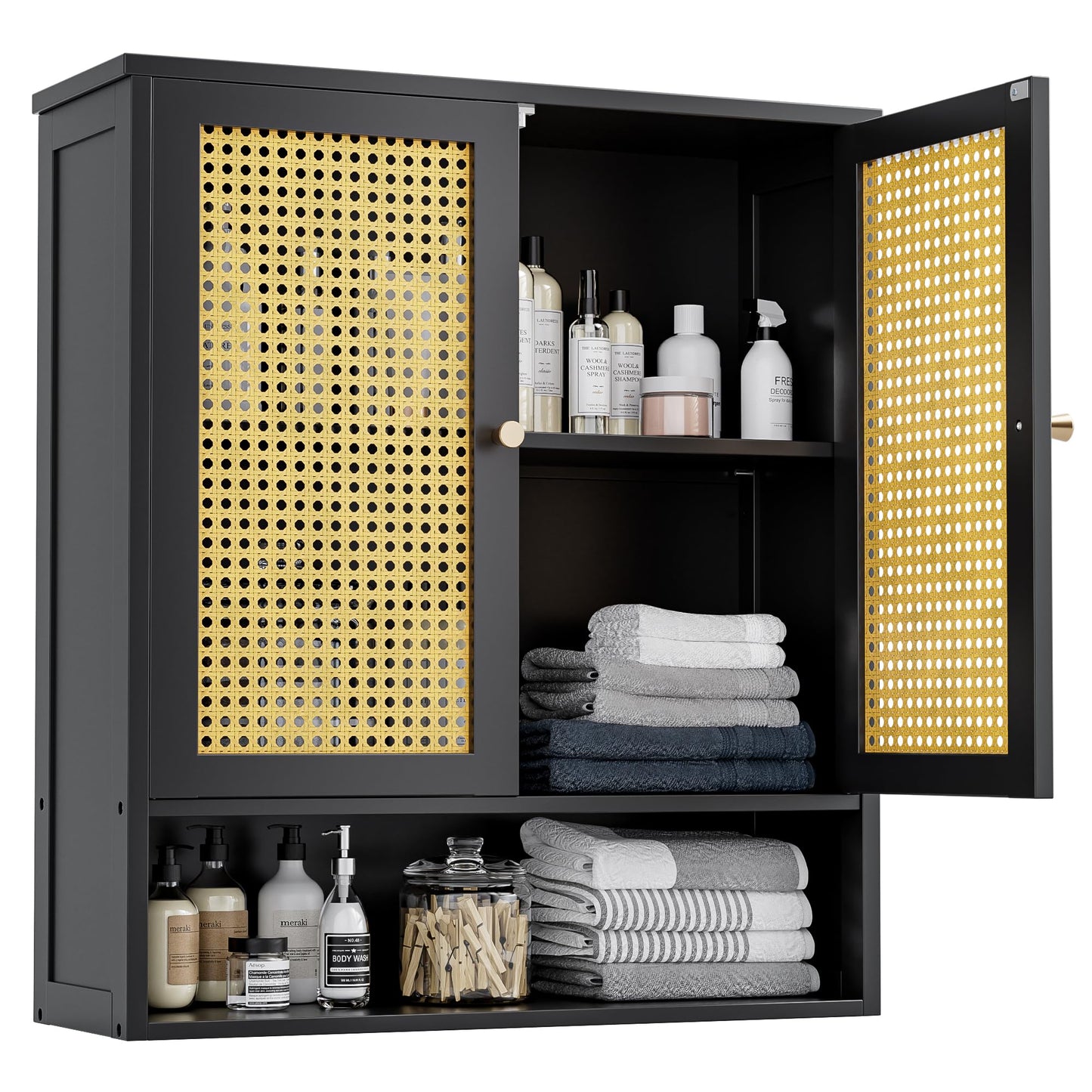 vovala Bathroom Wall Cabinet, Bamboo Over-The-Toilet Storage Organizer with 2 Rattan Doors and Adjustable Shelf, Space Saver Medicine Cabinet for Laundry, Kitchen, Living Room (Black)
