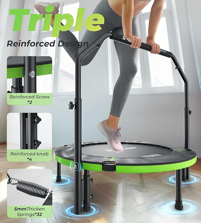 BCAN 40"/48" Foldable Mini Trampoline, Rebounder Trampoline for Adults, U/T Adjustable Foam Handle, Exercise Rebounder for Adults Indoor/Garden Workout, Max Load 330lbs/440lbs