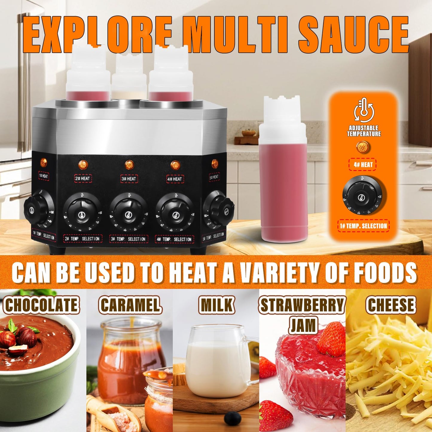 KOOTEN Electric Sauce Warmer Dispenser Commercial Nacho Cheese Warmer 0.68 x 5 Qt Hot Chocolate Warmer Heater, 86-185℉ (22 OZ) Hot Fudge Warmer with Bottle*5