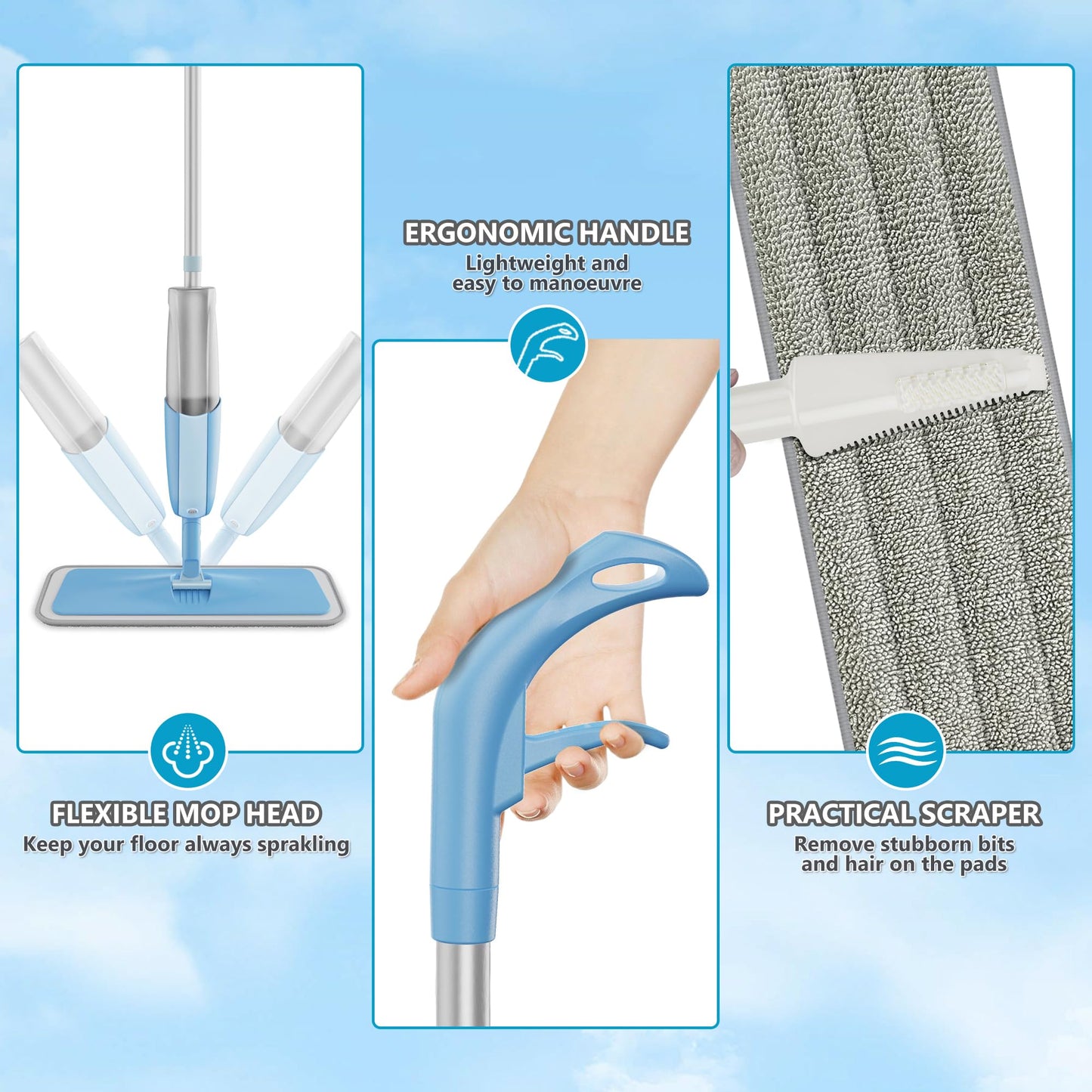 Spray Wet Mops for Hardwood Floor Cleaning: MEXERRIS Floor Mop with 3 Washable Pads for Swiffer Powermop - Refillable Dust Dry Mop Home Commercial Mops for Wood Laminate Ceramic Tiles Vinyl