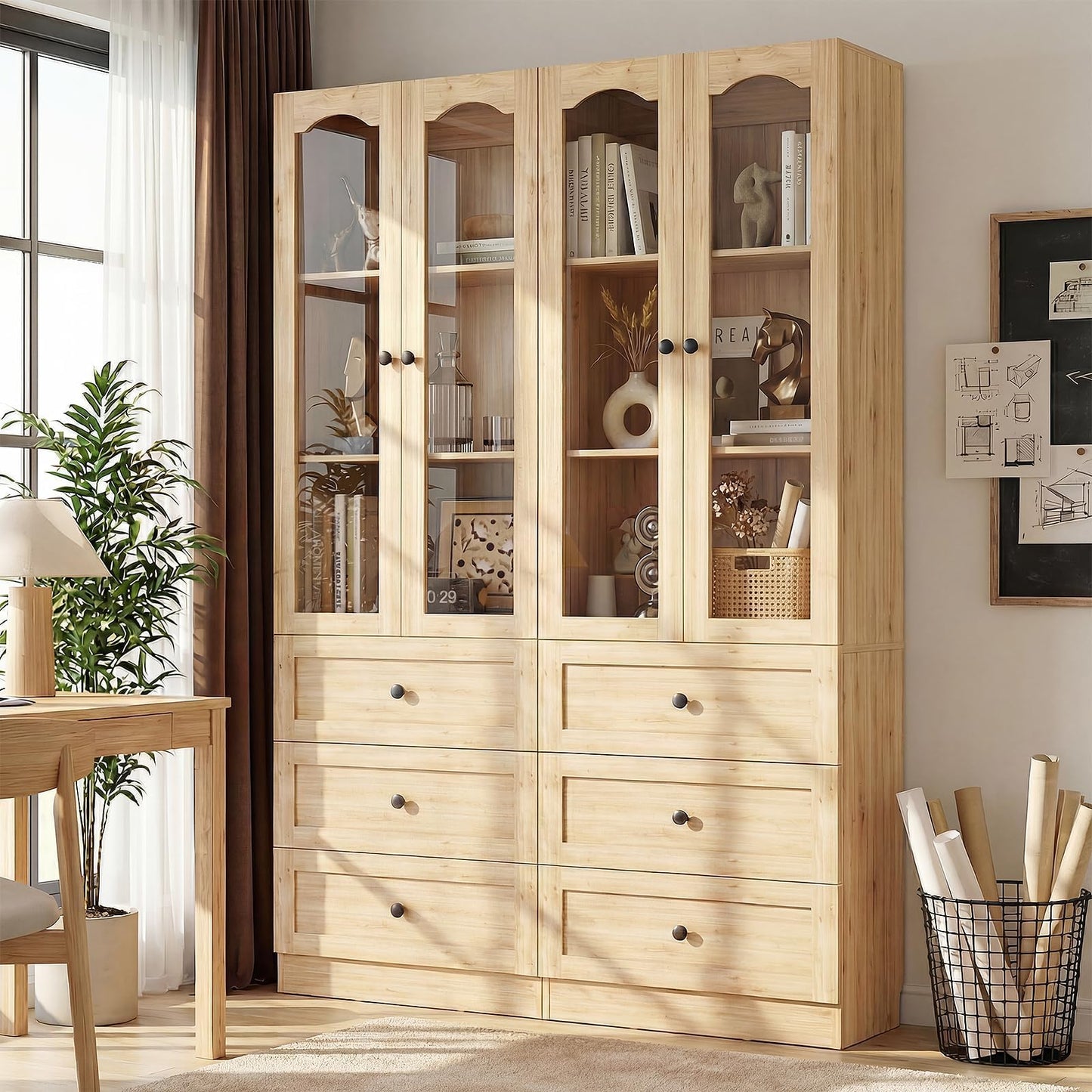 Cyclysio 80" Tall Storage Cabinet with Glass Doors, Drawers & Seamless Baseboard Fit Design - 2 Set Natural Oak Storage Cabinets with Adjustable Shelf for Office, Bathroom, Living Room, Kitchen