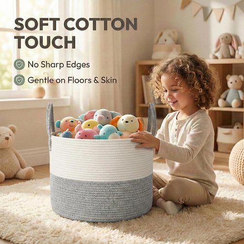 JMvicyroam 65L Extra Large Blanket Basket - Woven Cotton Rope Laundry Hamper with Handles | Machine Washable, White & Grey