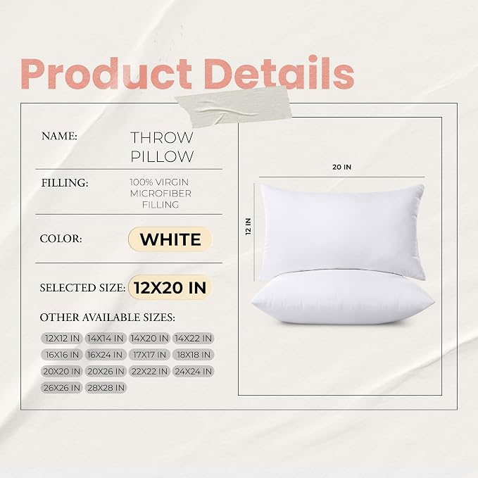 Utopia Bedding 12x20 Pillow Inserts, Set of 2, White – Indoor Decorative Throw Pillows for Bed, Sofa & Couch – Soft, Supportive & Fluffy Cushion Inserts