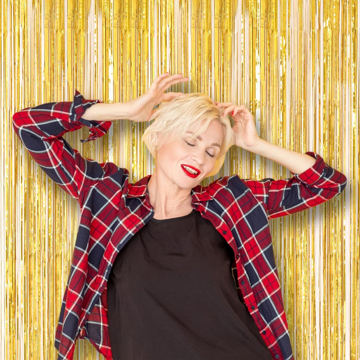 Voircoloria Laser Gold Foil Fringe Backdrop Curtains - 3 Pack Tinsel Streamers for Parties & Events | 3.3 x 8.2 ft