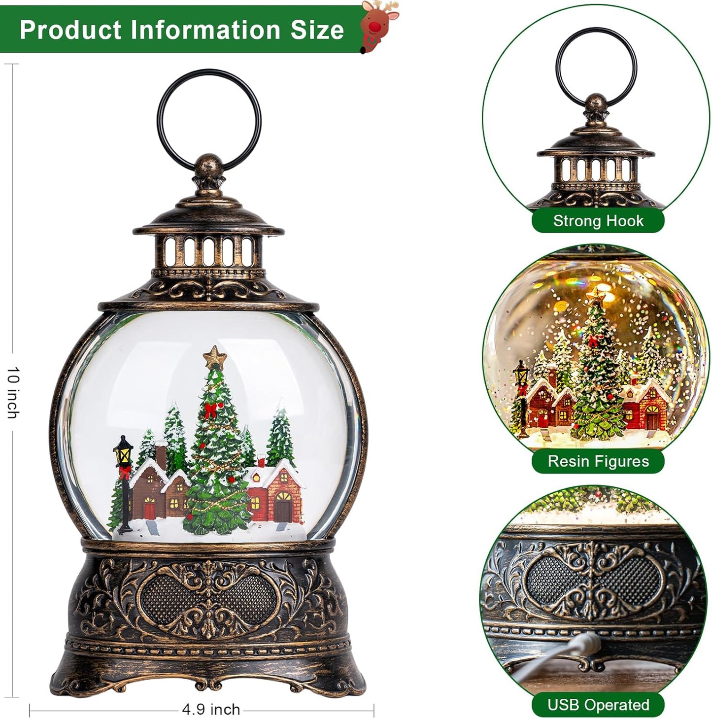 Regine Switzerland Christmas Snow Globe Lantern - Musical Lighted Decoration with Timer & USB/Battery Operated