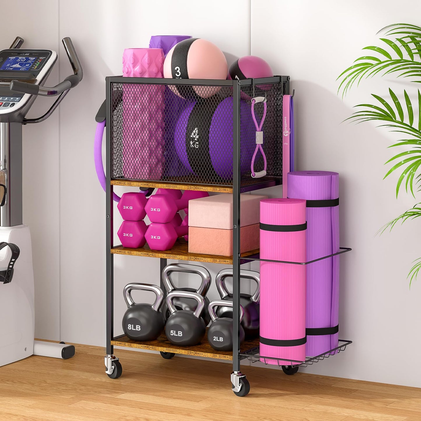3 Tier Dumbbell Rack, Yoga Mat Storage Holder, Home Gym Storage Rack, Workout Equipment Storage Organizer, Weight Storage Holder Rack with Hooks and Wheels