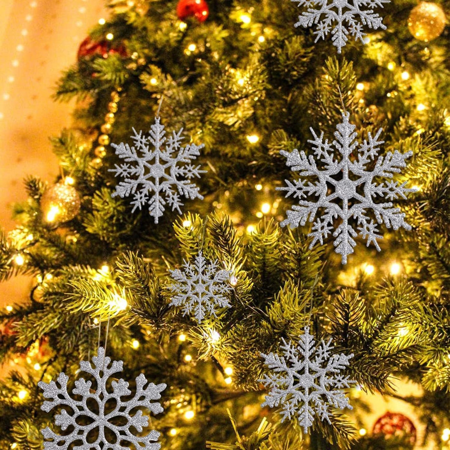 Skiennix Silver Snowflake Ornaments - 36 Pack Glittery Plastic Decorations for Winter & Christmas Trees