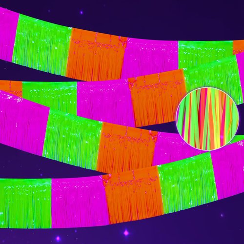 Mega-L Glow in The Dark Party Supplies, 4 Pack Foil Fringe Garland Birthday Party Decorations 9.8 ft Fluorescent Macaron Orange, Yellow and Fuchsia Metallic Tinsel Banner, Photo Booth Prop Table Skirt