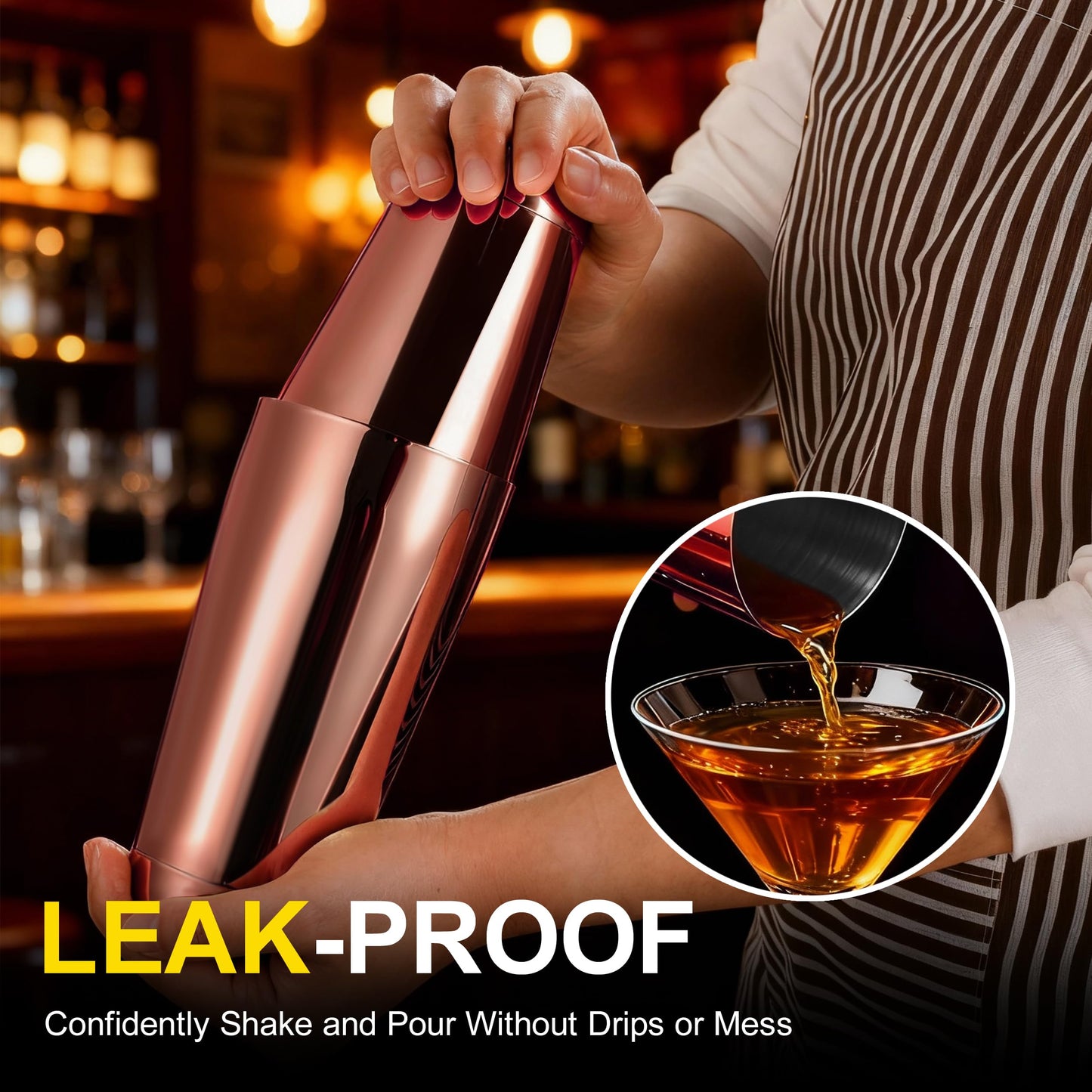 BETTFOR Boston Shaker Set, 18oz & 28oz 2-Piece Tins, Professional 304 Stainless Steel Cocktail Shaker with Leak-Proof Weighted Base for Bartending, Home & Bar Use (RoseGold)