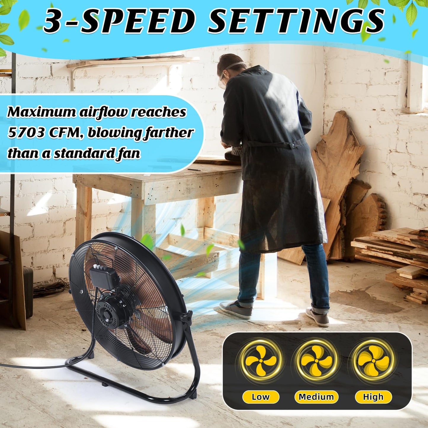 Woanger 20" High Velocity Industrial Floor Fan, 5703 CFM Heavy Duty Drum Fan with 6 Metal Blades, 3-Speed, 360 Degree Rotation, High Airflow Mover for Warehouse, Garage, Factory, Barn & Gym