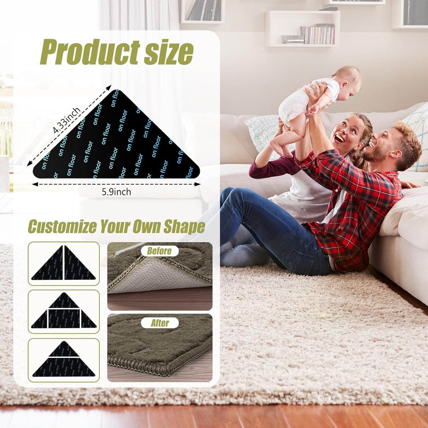 Skiennix Non-Slip Carpet Tape - 12 Pcs Double-Sided Adhesive Rug Stickers for Hardwood Floors | No Residue, BPA-Free