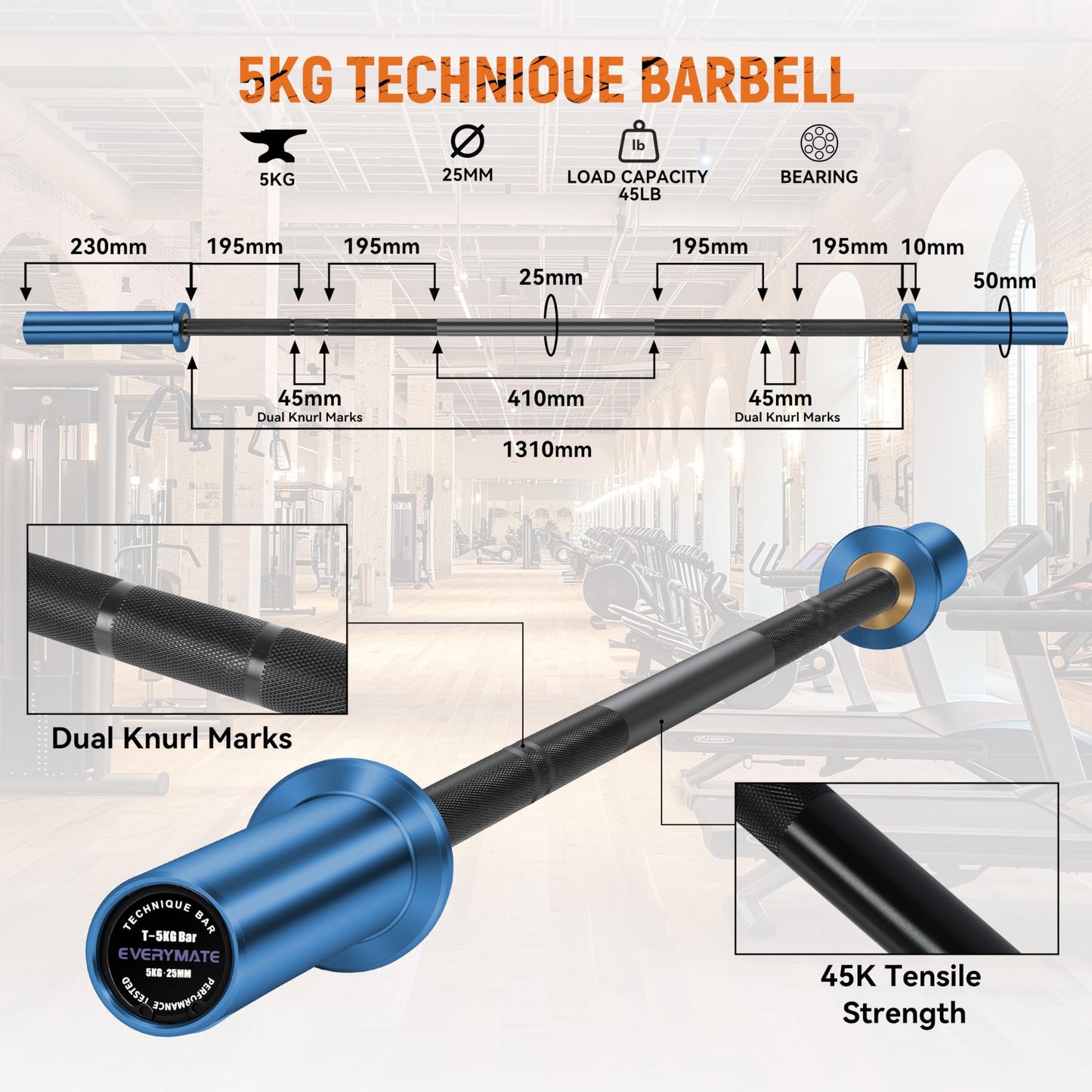 EVERYMATE 5kg Olympic Technique Bar – Lightweight Aluminum Training Barbell for Beginners, Youth & Rehab | 25mm Knurled Grip, 150lb Capacity, Compatible with 2" Weight Plates – Ideal for Form Practice & Cross-Training