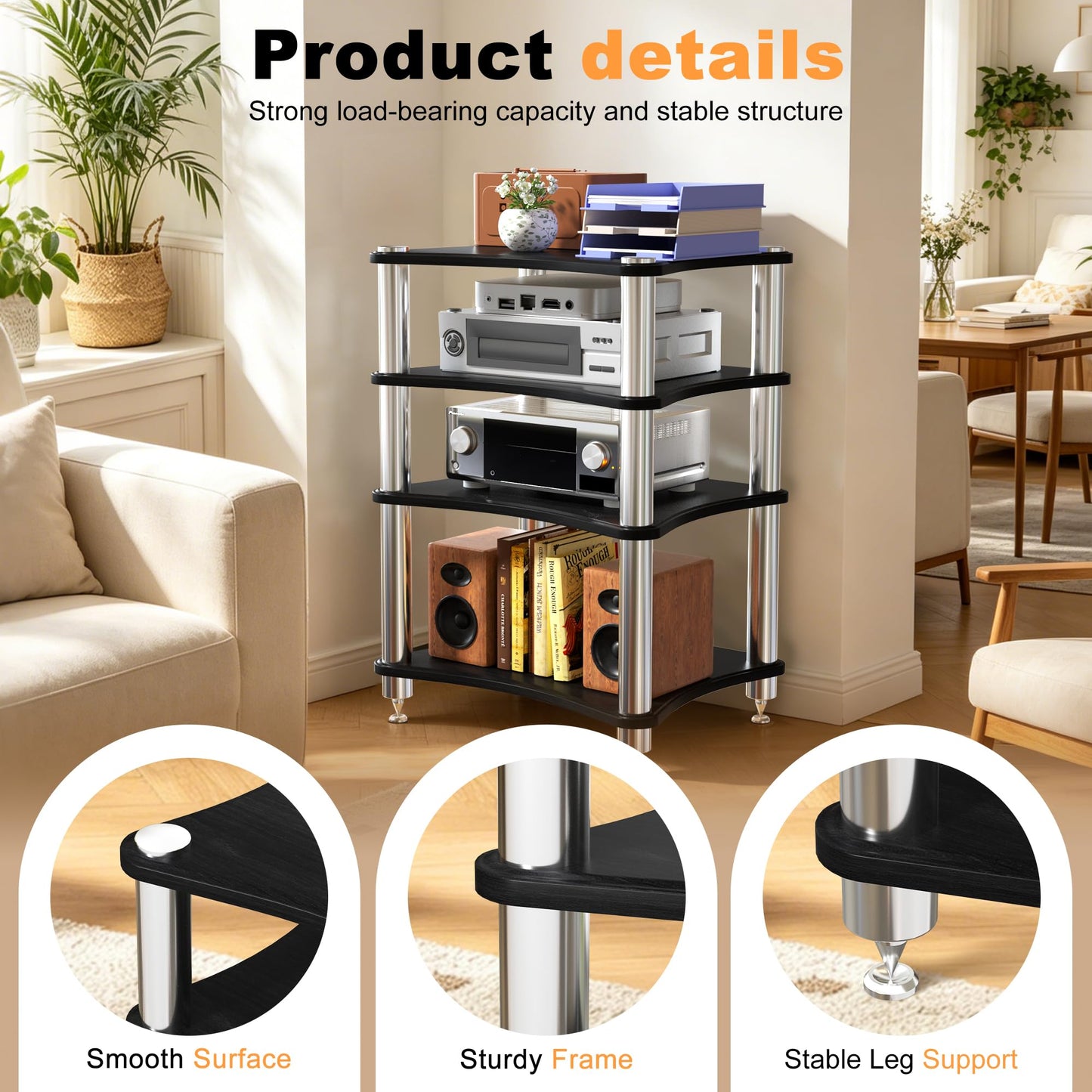 SQXLXDD 4 Tier Record Player Stand Media Cabinet, Corner Audio-Video Shelving for Entertainment, TV Stereo Stand Network Server Rack, Stereo Cabinet Media Shelf for Home Game Console DVD Player