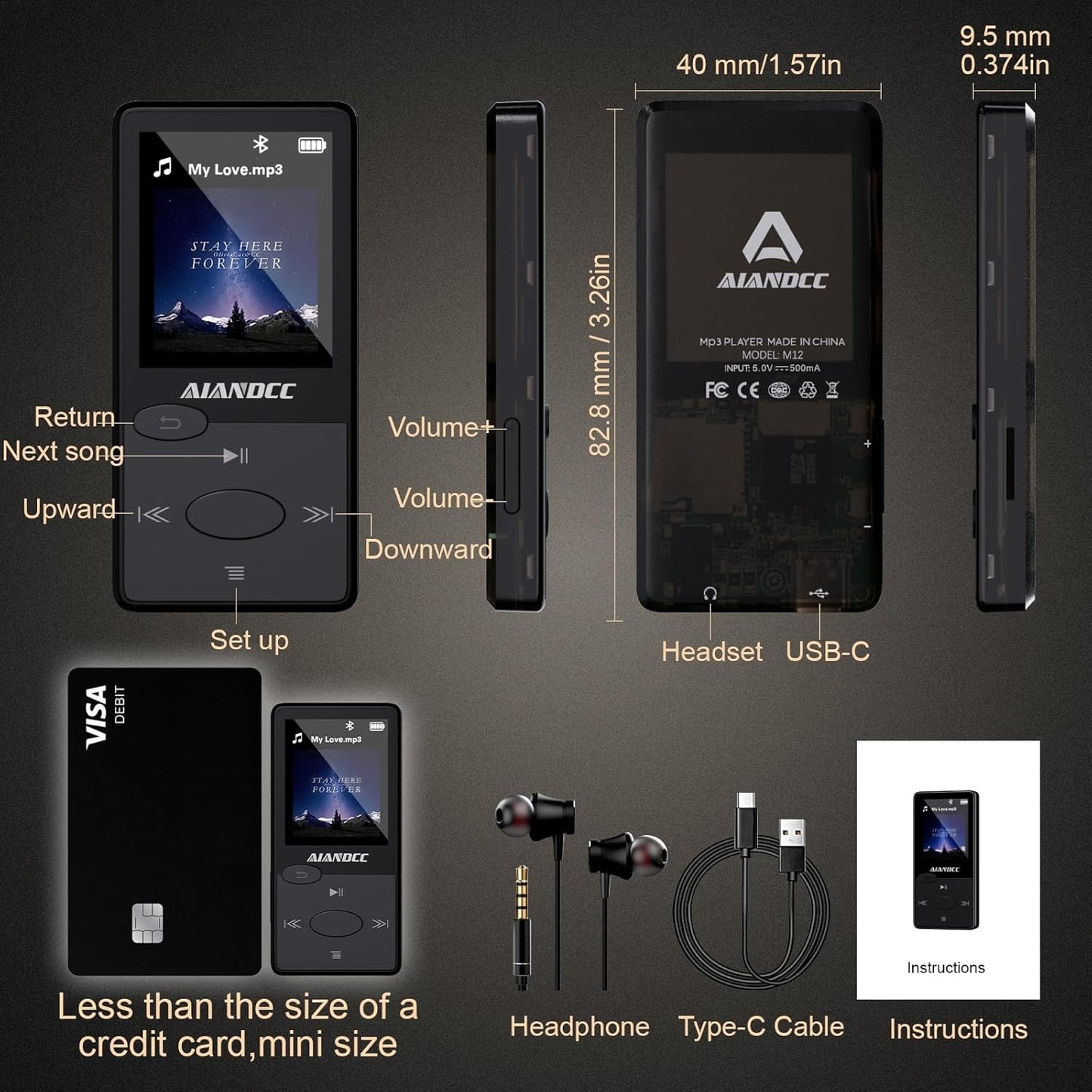 Aiandcc Mp3 5.3 Mp3 32GB Player with Bluetooth HiFi Sound, Player with FM Radio, Mini Music Player for Kids Adults