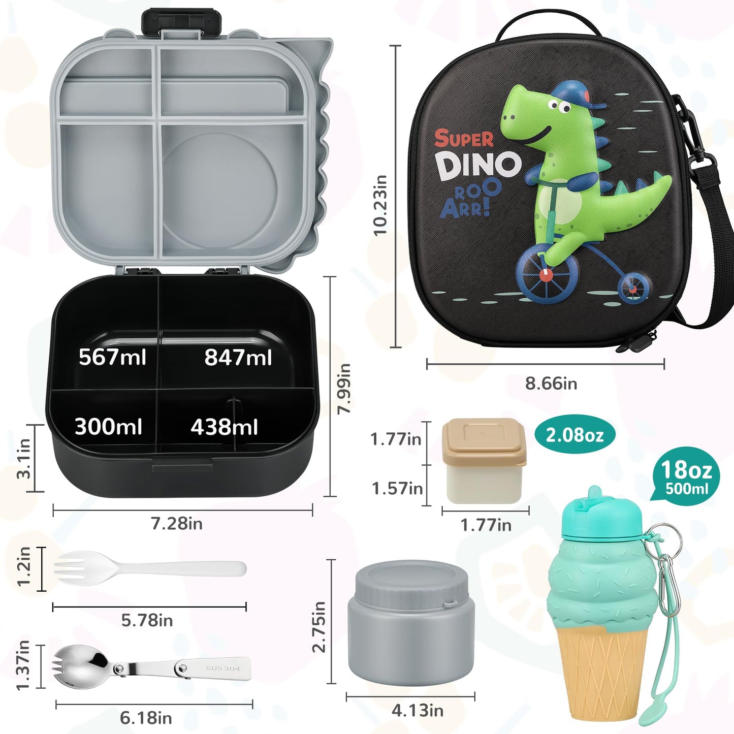 Lunch Box with 13oz Soup Thermo for Hot Food Kids Insulated Food Jar Container with Silicone Water Cup and Spoon & Fork Leak Proof Bento Box Set with 5 Compartment Lunch Bag for School Travel