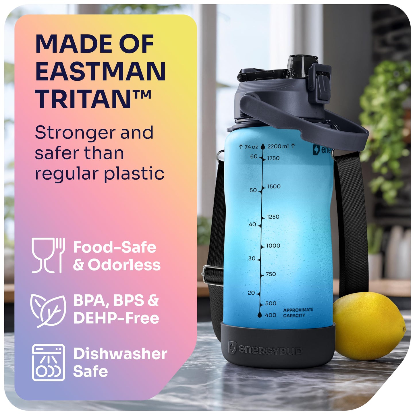 EnergyBud 1/2 Gallon Water Bottle with 74.3 oz Capacity - Motivational Time Markers for Daily Hydration Goals - Leakproof BPA Free Tritan with Removable Straw