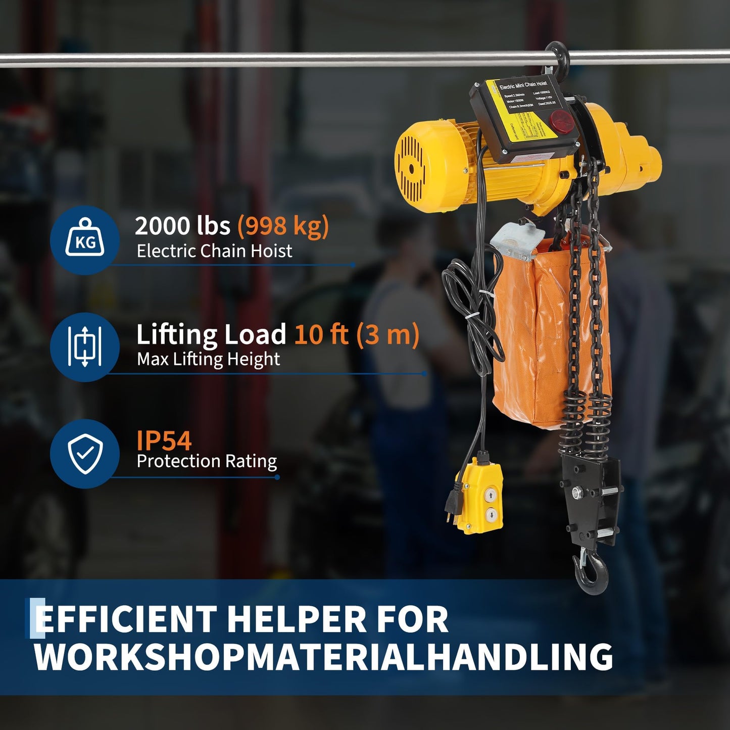 Electric Chain Hoist, 2200 lbs/1 ton Capacity, 10 ft Lifting Height, 10 ft/min Speed, 120V, Single Phase Overhead Crane with G100 Chain, 10 ft Wired Remote Control for Garage, Shop, Hotel, Home