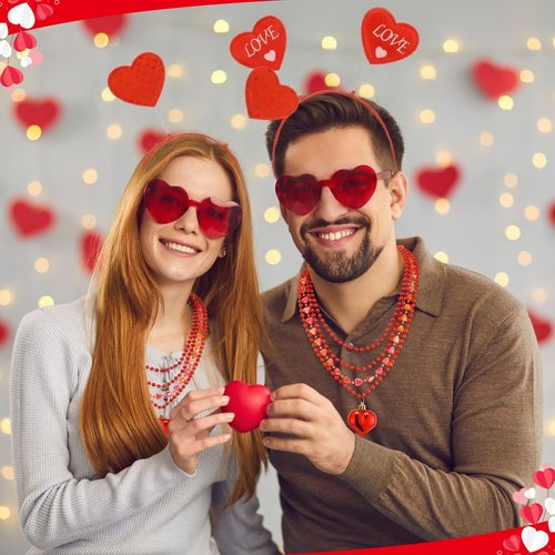 Kanayu 108 Pcs Valentines Day Accessories 36 Valentines Heart Headbands 36 Heart Shaped Sunglasses 36 Bead Necklaces for Valentine Party Favors Supplies Bachelorette Decorations(Red)