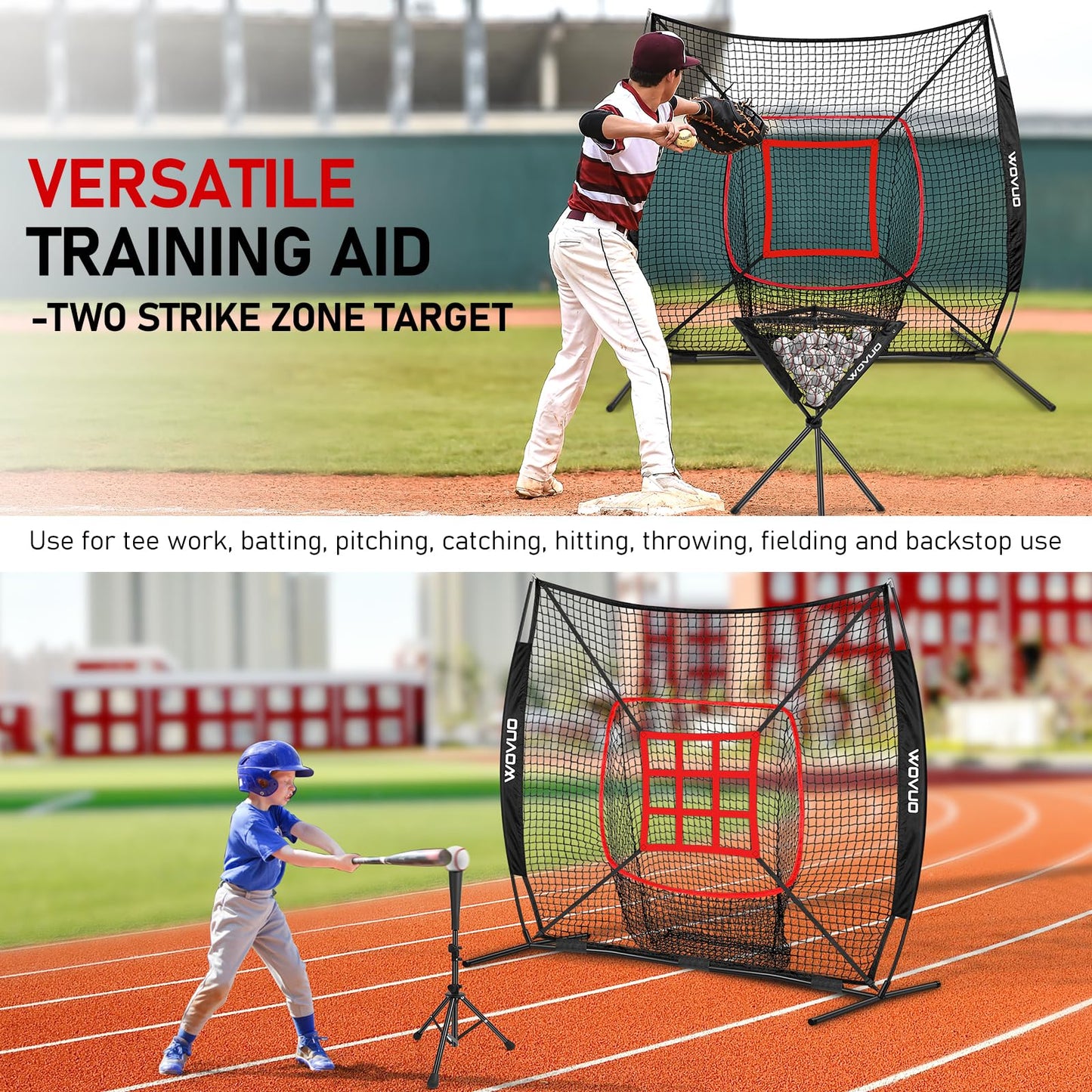 7x7 ft Baseball Net for Batting Pitching Hitting, Softball Pitching Net with Strike Zone, Tee, Ball Caddy, Softball Batting Net Baseball Training Equipment for Kids Adult Youth Sport Practice