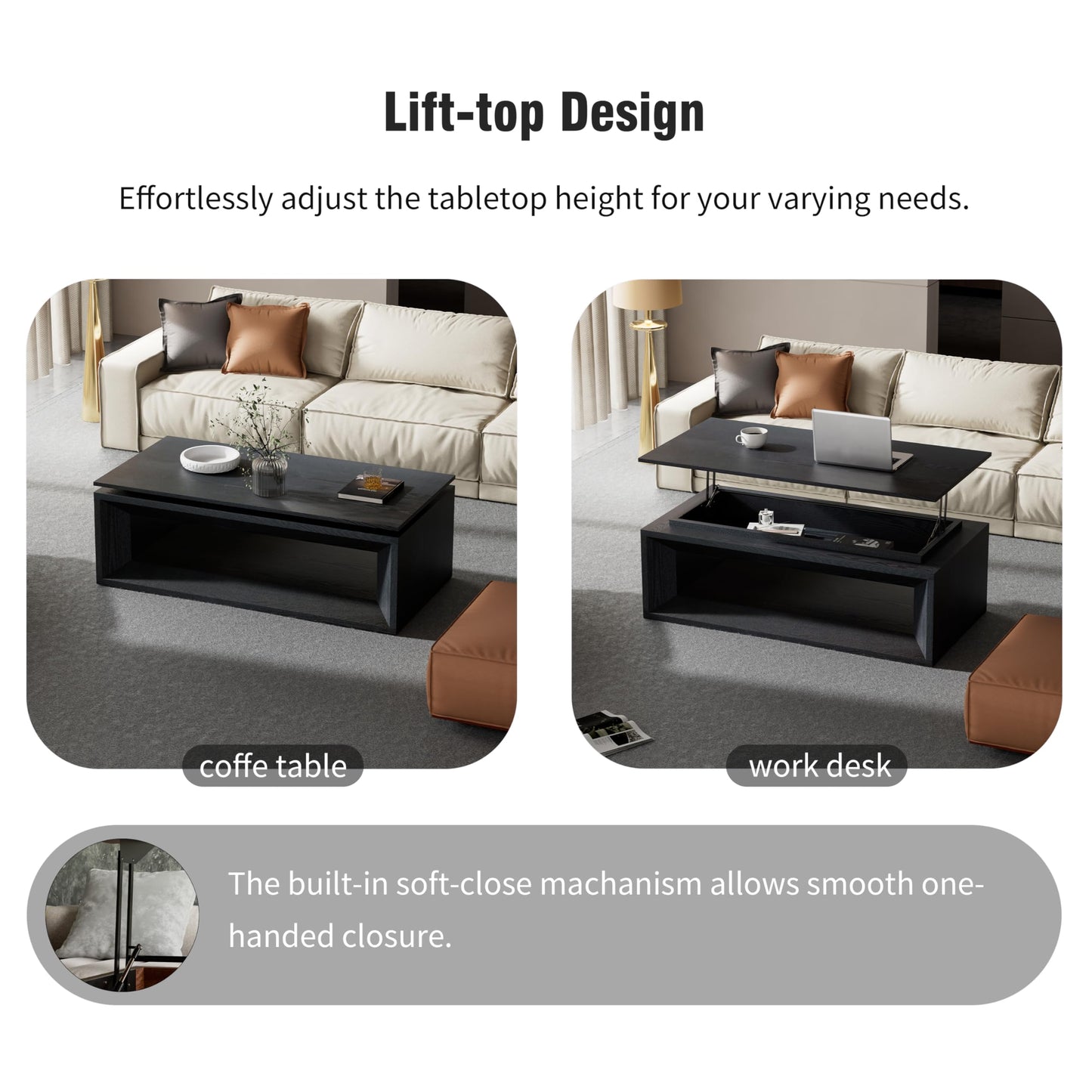 KEIKI 43.3" Lift-Top Coffee Table with Hydraulic Storage, Converts to Desk or Dining Table, Hidden Compartment, Open Shelf, Multifunctional Small Coffee Table for Living Room, Office, Black