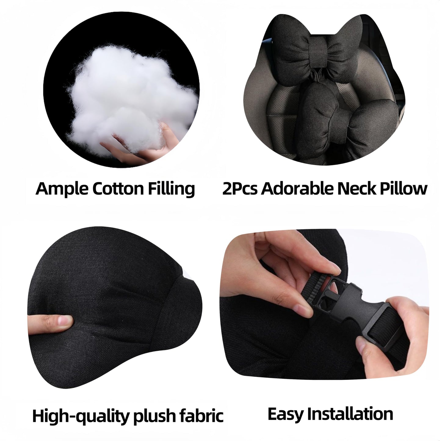 UINSUE 2PCS Chic Car Headrests with Bow-Shaped Cotton Linen Bowknot Neck Pillows for Cozy Road Trip & Cute Interior Decoration (Black)
