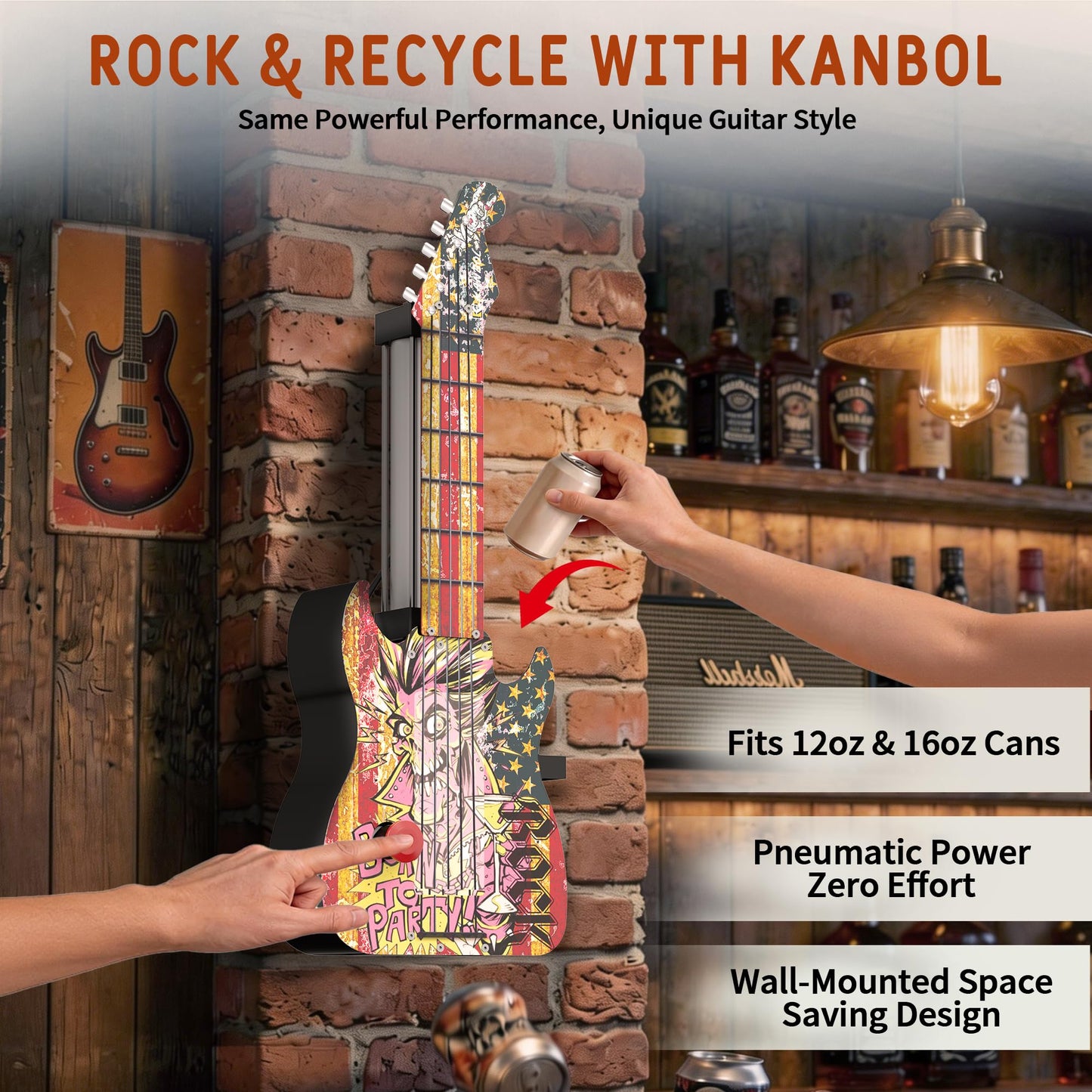 KANBOL 615 Guitar-Style Pneumatic Can Crusher, Fully Enclosed Safety Design, 2nd-Gen Reinforced Air Cylinder, Heavy-Duty Metal Wall-Mounted Can Smasher, Fits for12oz 16oz Cans -BLACK