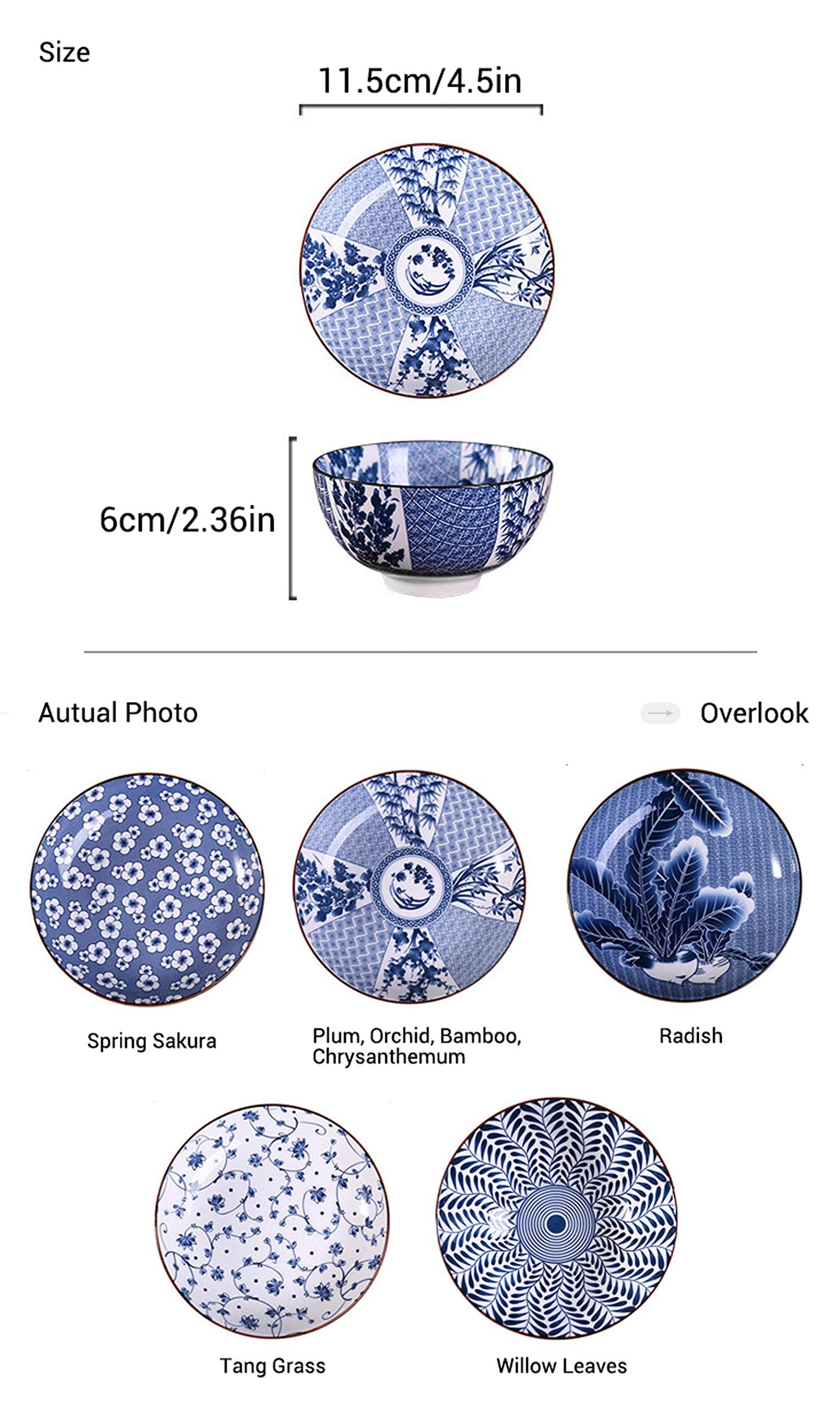 Gegong 6 Pack Ceramic Bowls, Japanese Style , 10 Ounces Thickening Blue and white porcelain Rice /Cereal Bowls for Kitchen, Suitable for microwave, ovens, dishwashers (mixing)