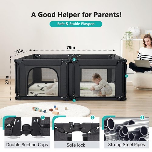 Doradotey Baby Playpen - Adjustable Large Playard for Toddlers | Foldable Indoor Play Center, Black 180x200x68cm