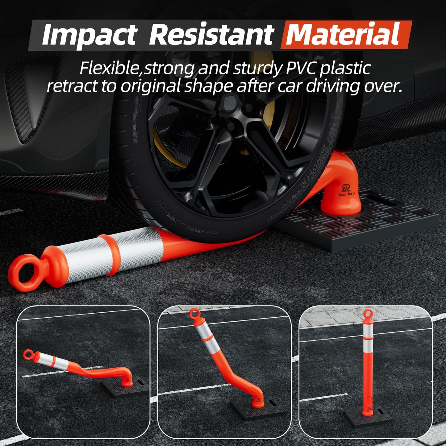 RoadHero 42 Inch Delineator Post with Base, Portable Orange Traffic Delineator Posts Cones with Reflective Collars for Parking Lots, Road Safety, Construction Events (6 Pack)