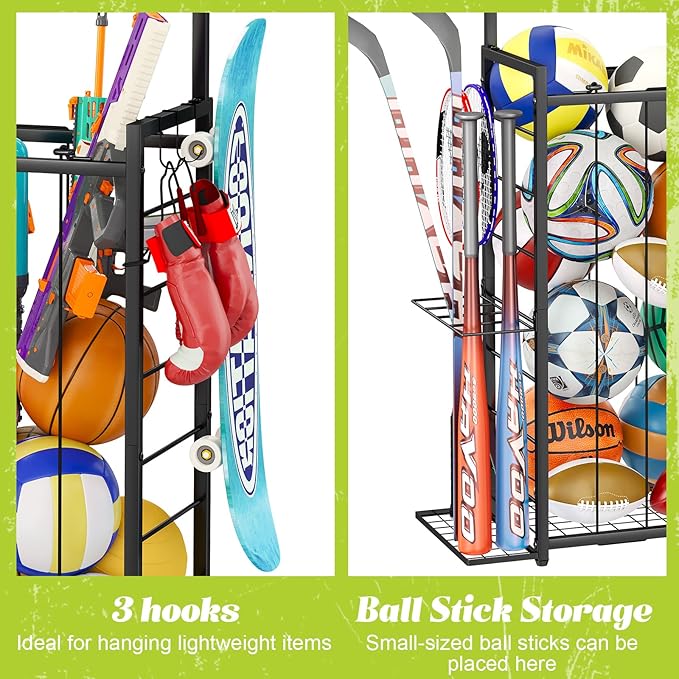Large Sports Equipment Organizer, Garage Storage Ball Rack with Elastic Straps and 3 Hooks, Outdoor Toy Organizer Stand, Garage Organization Storage Rack for Basketball, Football, Soccer, Volleyball