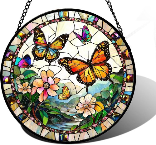 DASTOLL Stained Glass Suncatcher - Butterflies Flying in the Sky | 9.8-Inch Decorative Window Hanging for Home, Gifts for Mom