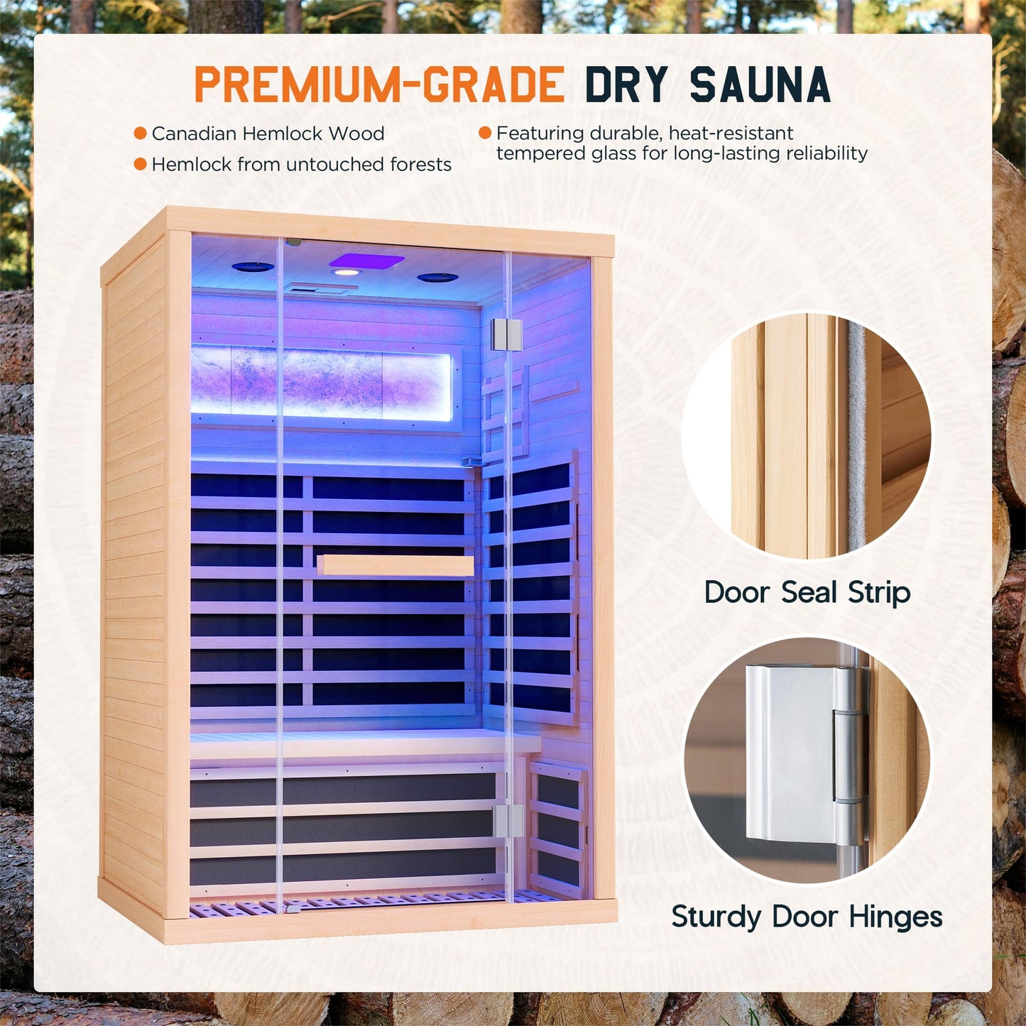 Albott Infrared Sauna 2 Person, Infrared Saunas for Home, Low EMF 110V Hemlock Wood Dry Sauna with Tourmaline Foot Warmer, 7-Color Light Therapy & Salt Crystal Bricks, 47.2"x34.2"x70.9"
