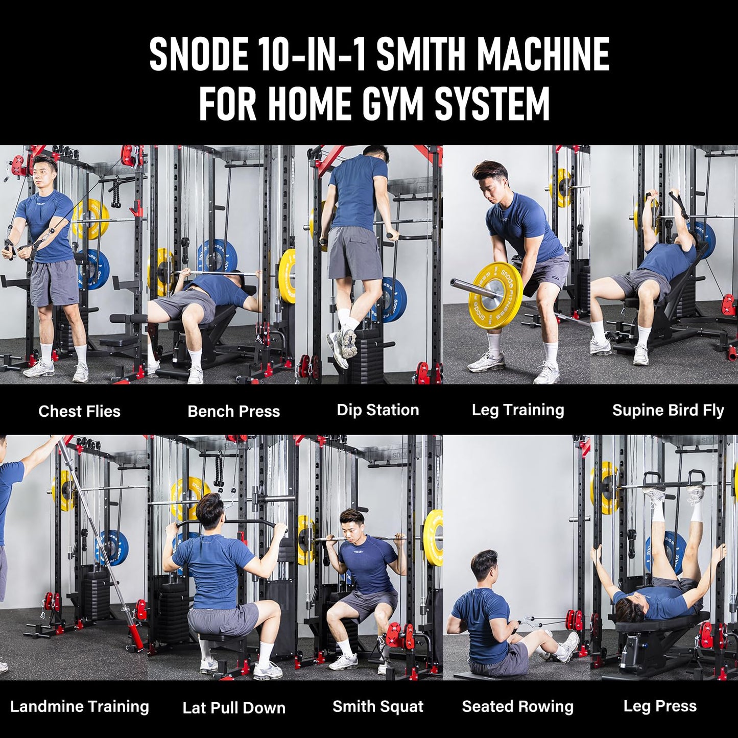 SNODE ALL10 Smith Machine for Home Gym, Power Rack with Cable Crossover, Squat Rack with Leg Press and Advanced LAT Pull-Down Seat, 2000LB Weight Capacity