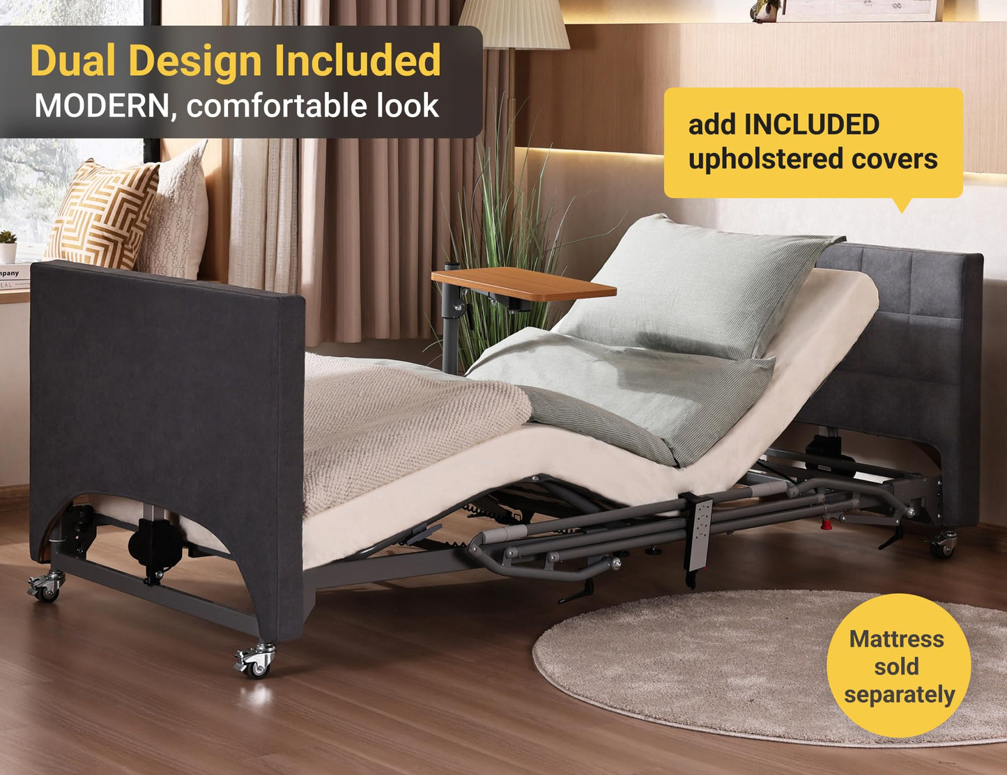 ARMONYO Electric Hospital Bed for Home Use – 5 Functions, Advanced German LIMOSS Motor, Ultra-Low 8.5"–25" Adjustable Height, Double Solid Wood Panels with Medical Overbed Table & Foldable Rails