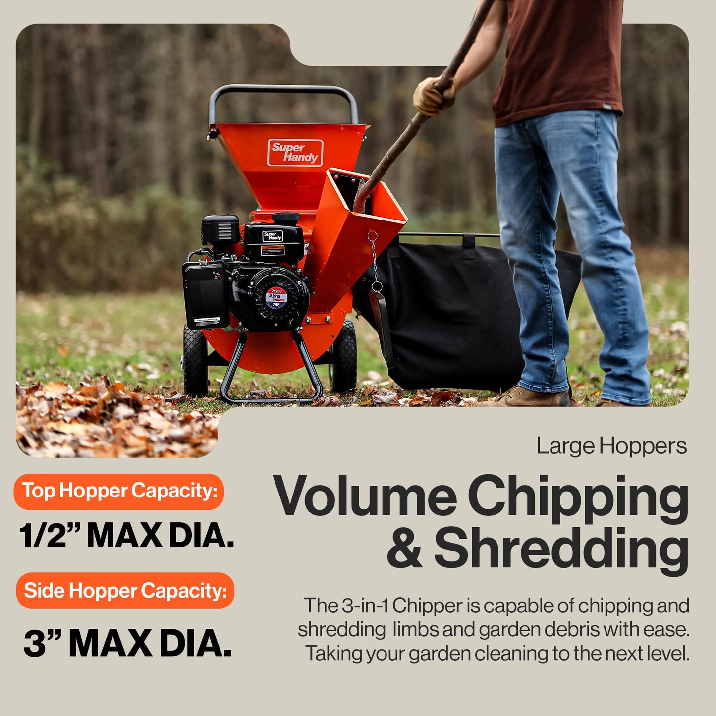 SuperHandy Wood Chipper Shredder Mulcher Ultra Heavy Duty 7HP 3 in 1 Multi-Function 3" Inch Max Capacity (Amazon Exclusive)