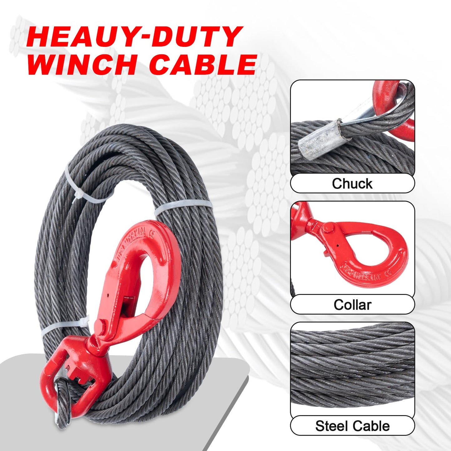 SajoSolid Winch Rope with Safty Hook, 1/2 Inch x 75 Feet Heavy-Duty Tow Cables with Hooks, 6×25 Stranded Steel Core Winch Cable, 24,000 lbs Breaking Strength for Trailers and Cranes