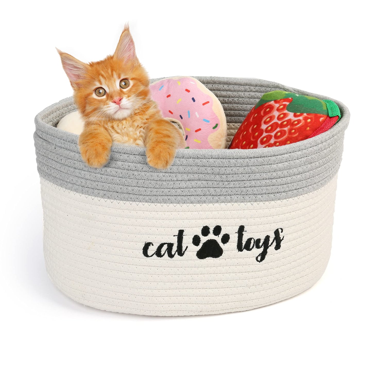 PrimePets Cat Toy Basket, Cotton Rope Storage Basket with Handles, Small Woven Pet Box Bin for Blankets, 15x10x9 inch Cat Holder Container, White and Grey
