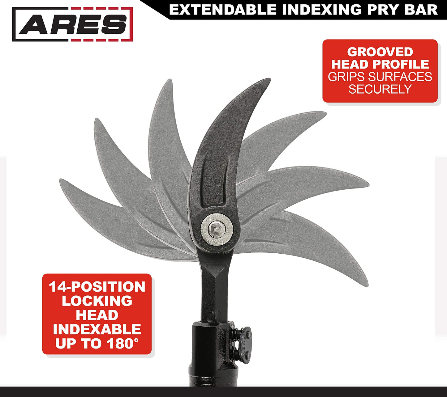 ARES 46004-29-48-Inch Extendable Indexing Pry Bar - Telescoping Heavy Duty Pry Bar - 14-Position 180° Rotating Head, Grooved Tip, Chrome Vanadium Steel for Mechanics, Heavy Equipment