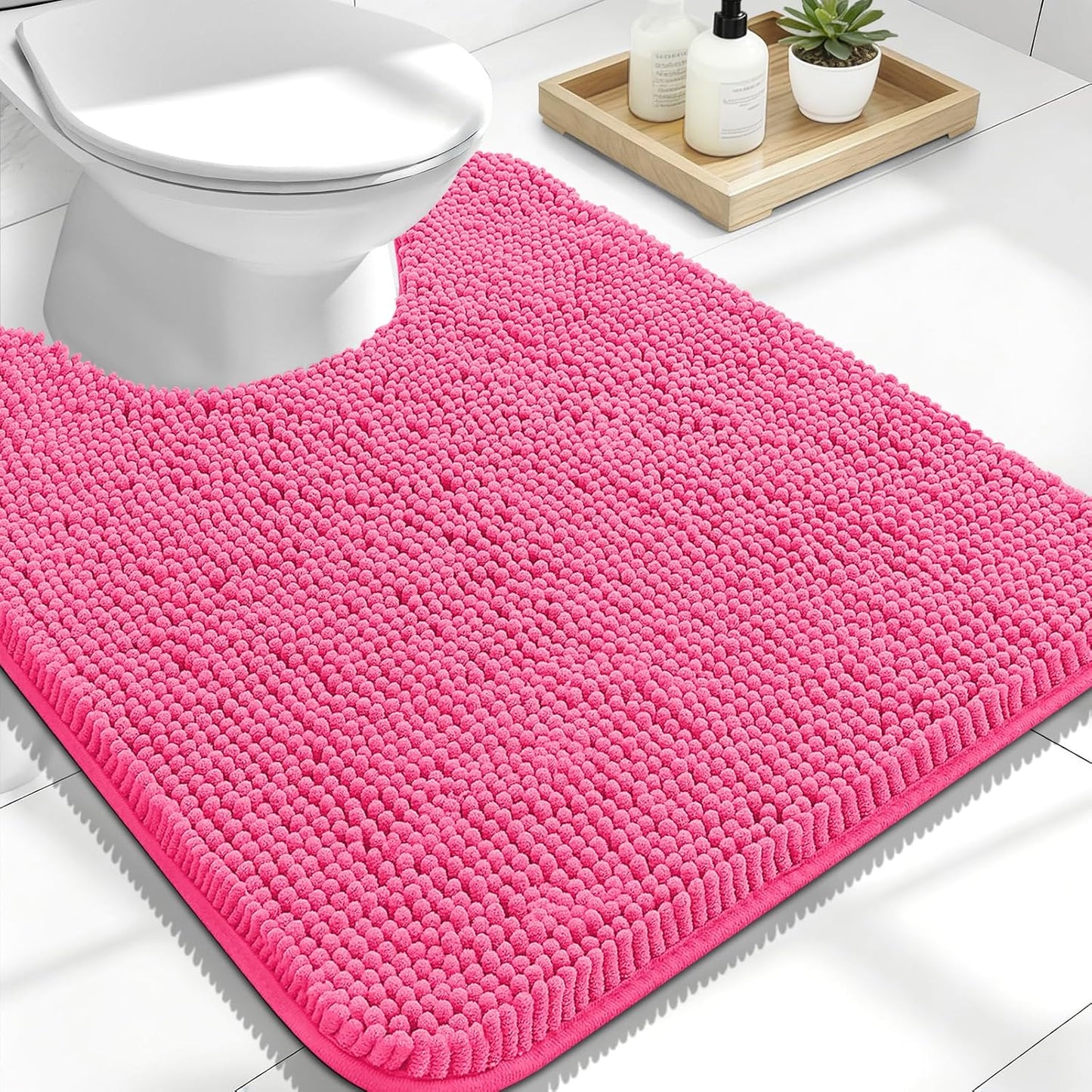 OLANLY Toilet Rugs - U-Shaped 24x20 Extra Soft Chenille Bath Mat | Quick-Dry, Non-Slip, Hot Pink