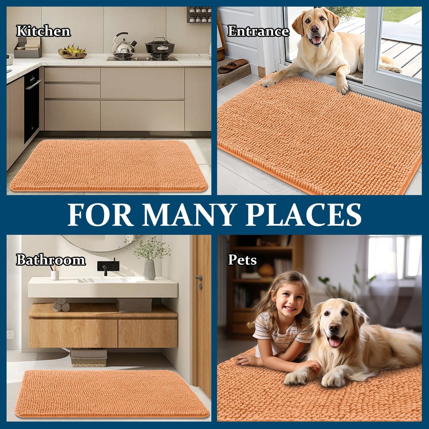 OLANLY Dog Door Mat - Absorbent Non-Slip Washable Chenille Mat for Muddy Paws | 54x24, Orange